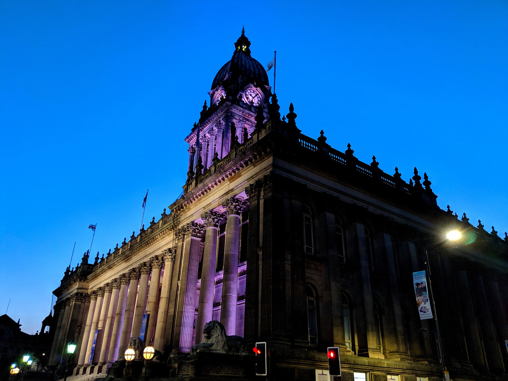 Leeds Town Hall illuminated at blue hour